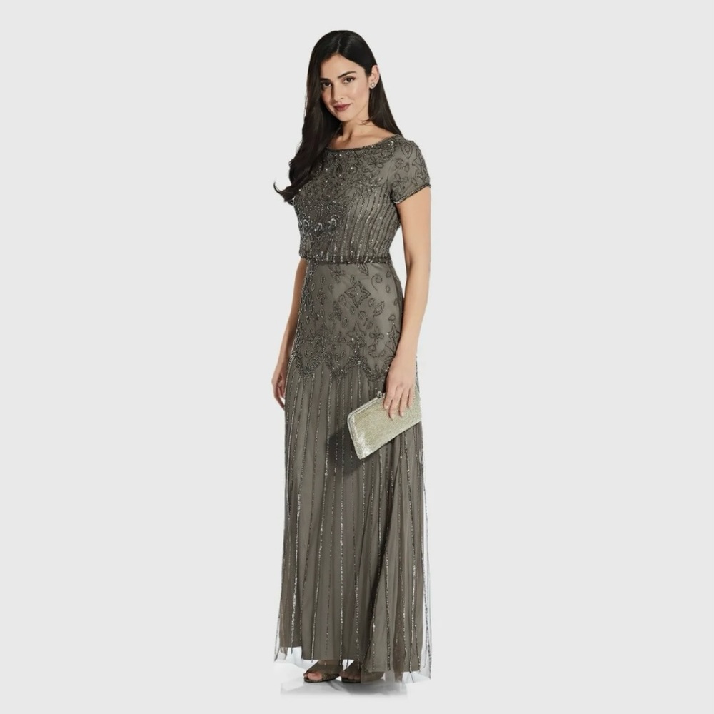 Adrianna Papell Beaded Short-Sleeve Gown